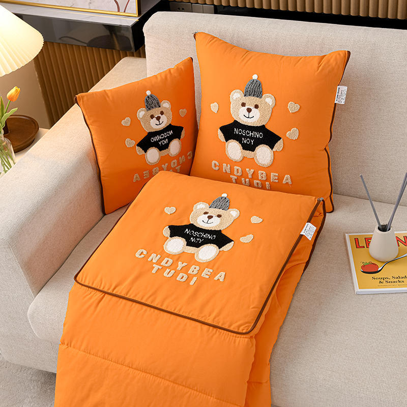 Orange Cap Bear 2-in-1 Foldable Car Pillow Blanket - Cozy 40x40cm Pillow, Unfolds to 100x150cm Blanket for Travel and Office Naps