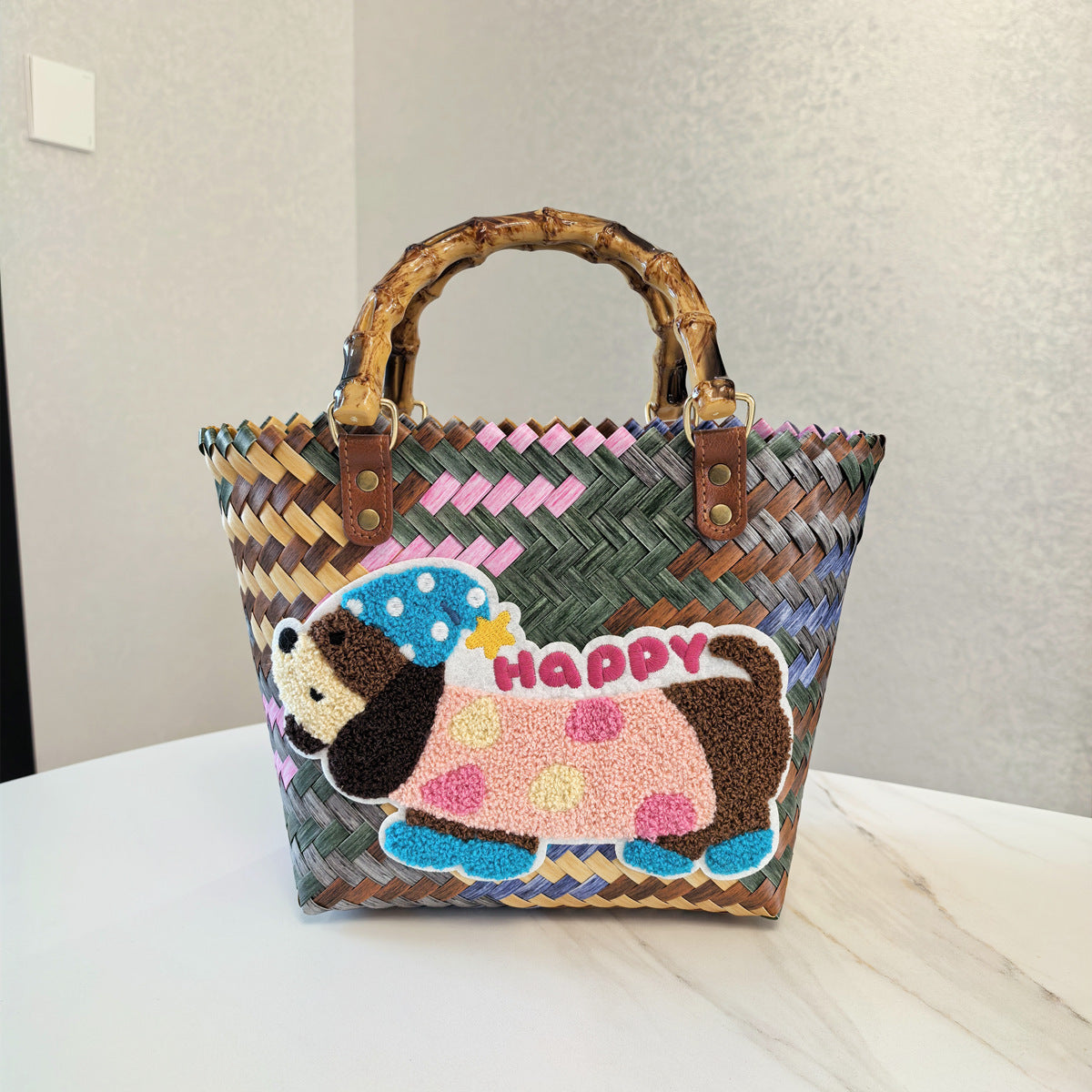 Happy Dog Vintage Striped Dachshund Woven Tote Bag - Stylish Hand-Carry Beach Bag for Women