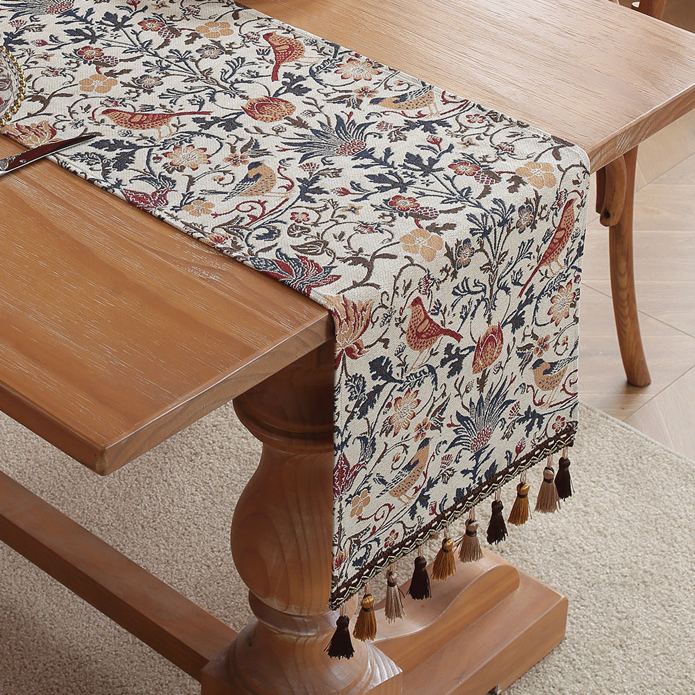Jacquard Magpie American Retro Jacquard Embroidered Table Runner - Light Luxury Table Mat 30cm x 180cm with Tassels