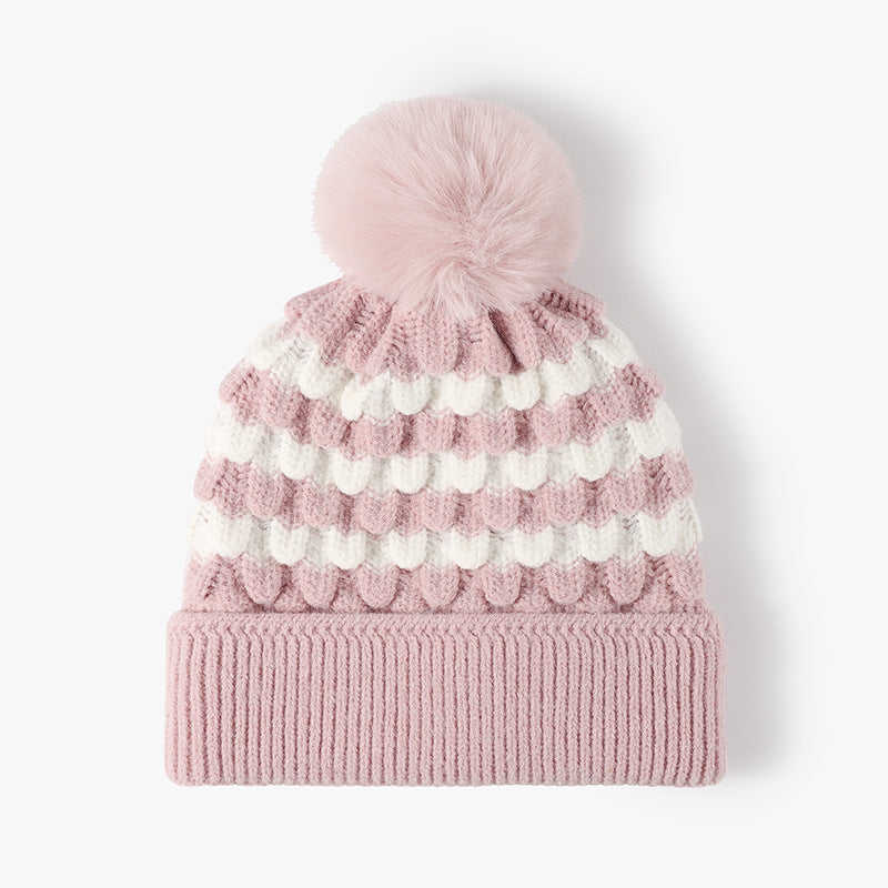 2-PCS Pink Stylish Two-Tone Pom-Pom Ear Warmer Knit Hat - Lined for Women