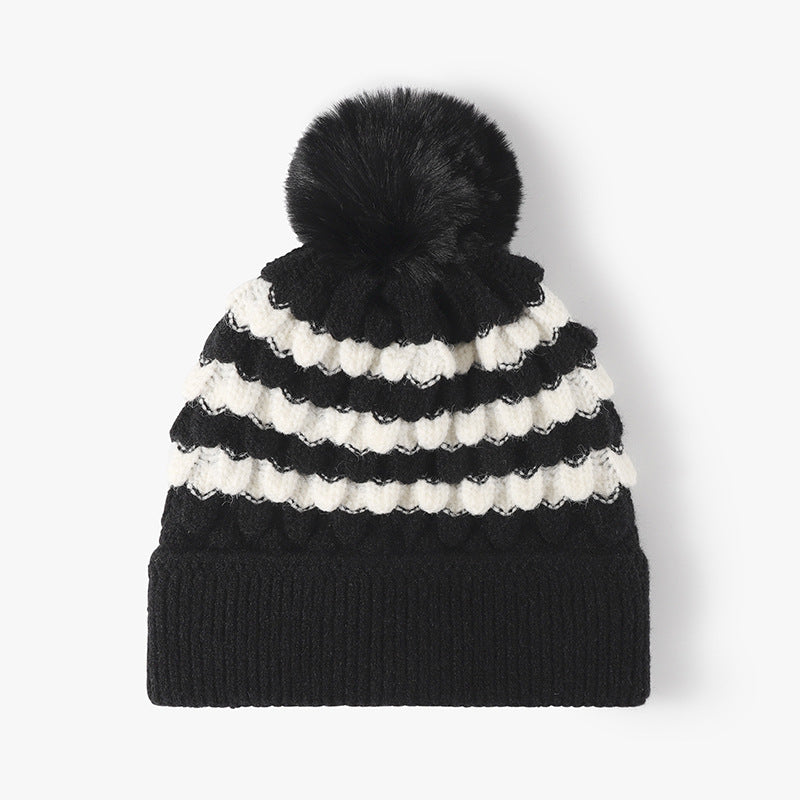 2-PCS Black Stylish Two-Tone Pom-Pom Ear Warmer Knit Hat - Lined for Women
