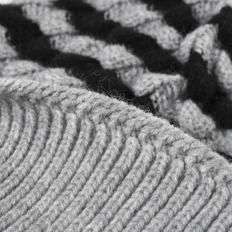 2-PCS Black Stylish Two-Tone Pom-Pom Ear Warmer Knit Hat - Lined for Women