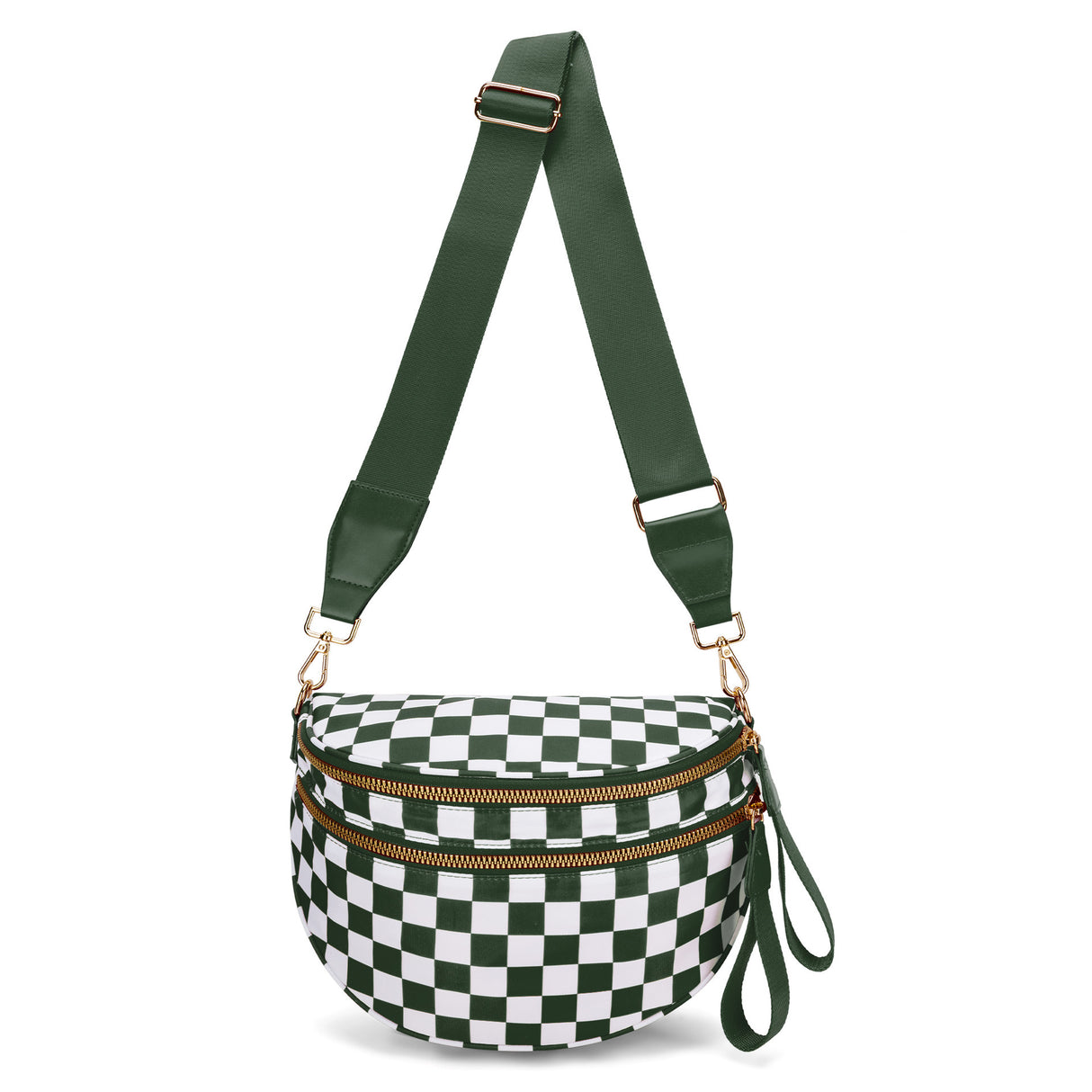 Black and White Checkered Trendy Sling Bag - Women's Crescent Crossbody Purse with Wide Adjustable Strap
