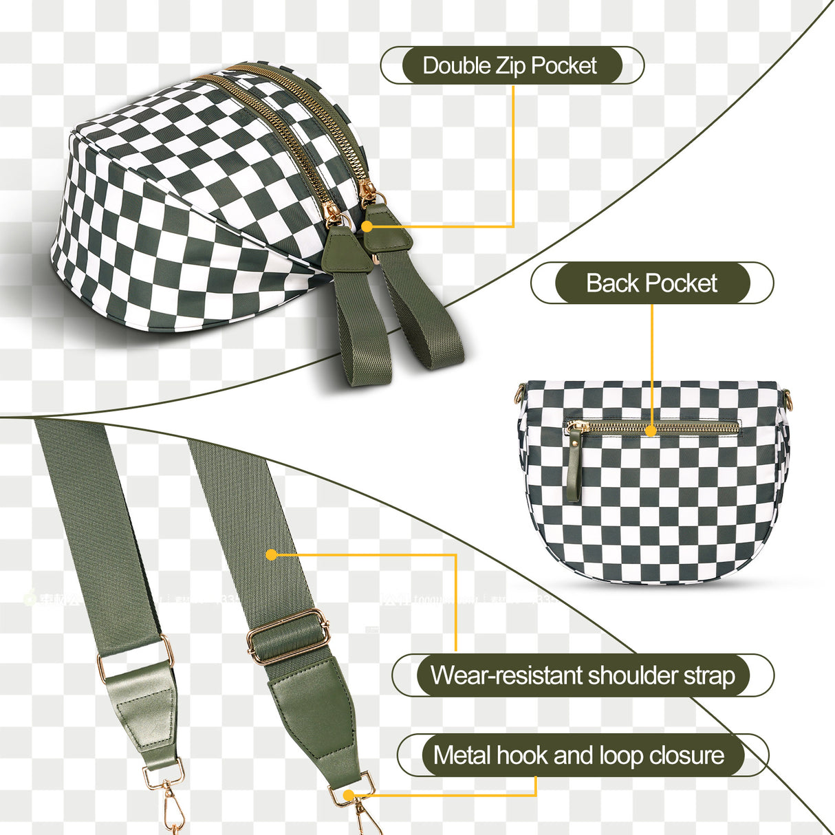 Brown Checkered Trendy Sling Bag - Women's Crescent Crossbody Purse with Wide Adjustable Strap