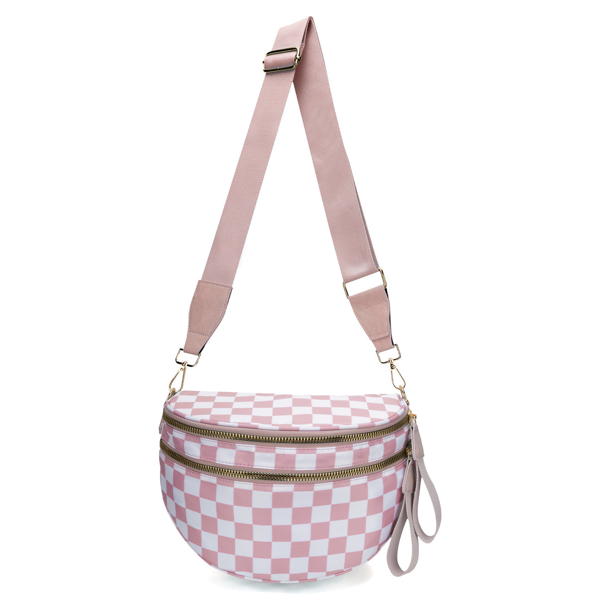 Pink Checkered Trendy Sling Bag - Women's Crescent Crossbody Purse with Wide Adjustable Strap