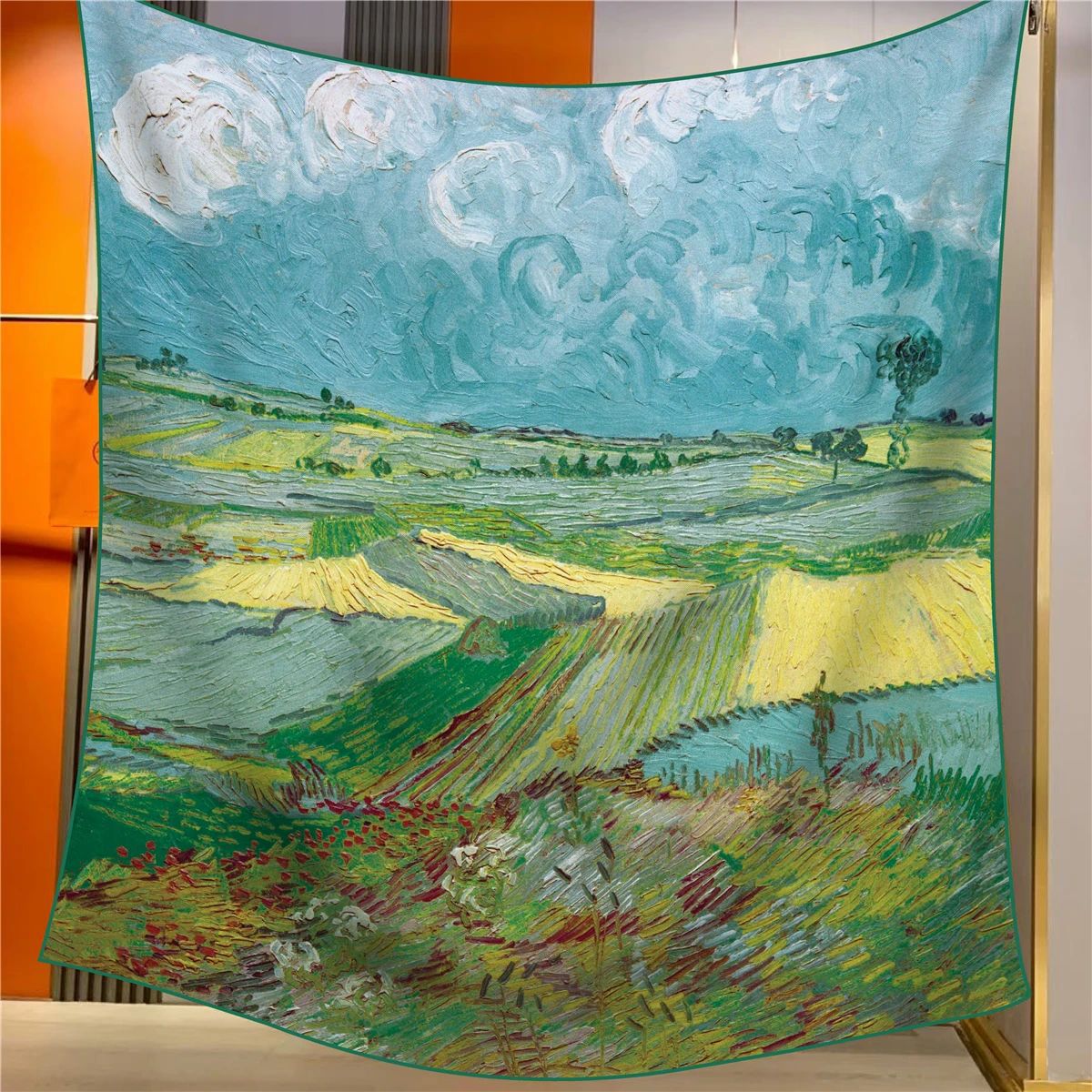 Wheat Fields Under Dark Clouds Elegant Artistry Shawl - Large 130cm Square Scarf with Oil Painting Print & Hand-Rolled Hem