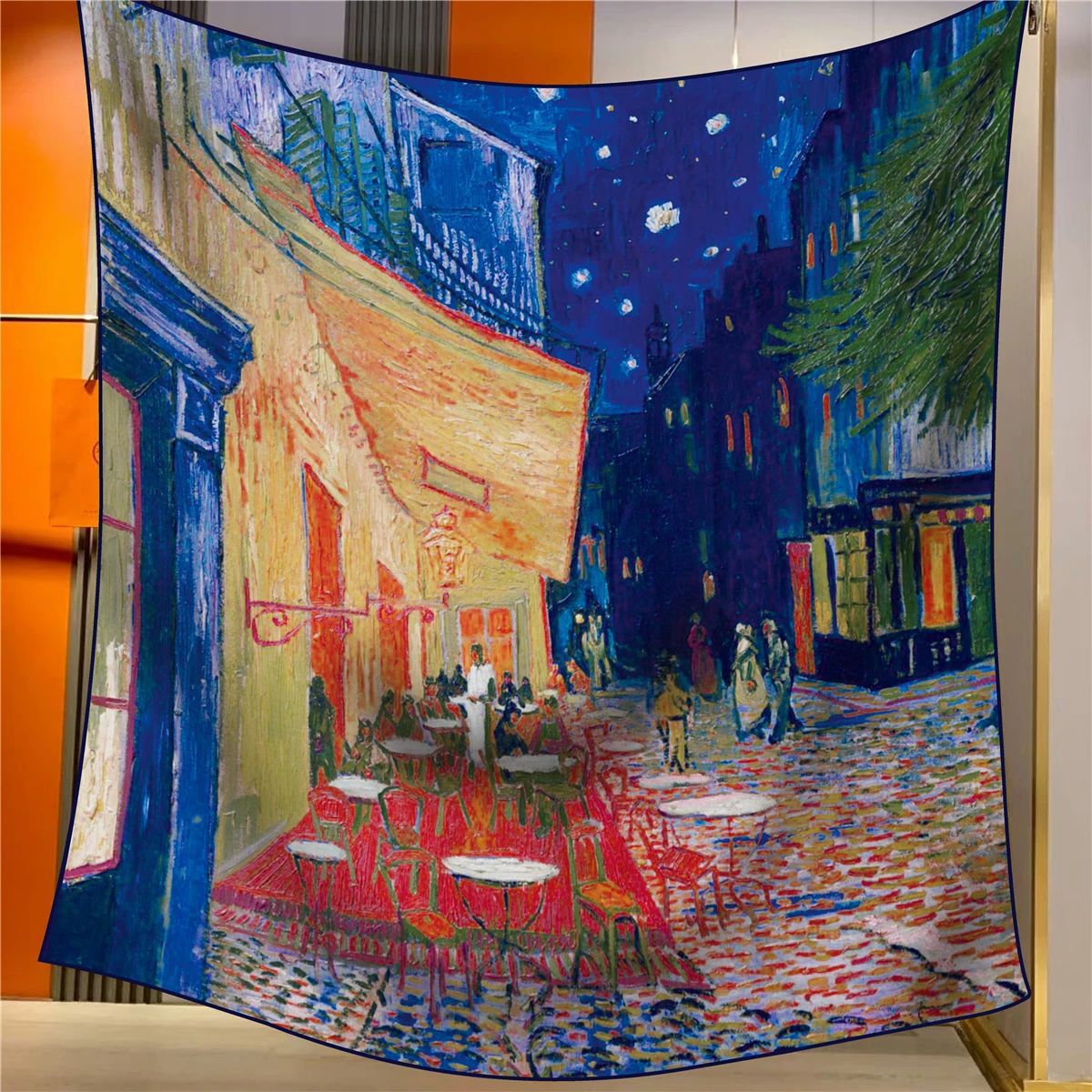 Coffee House Elegant Artistry Shawl - Large 130cm Square Scarf with Oil Painting Print & Hand-Rolled Hem