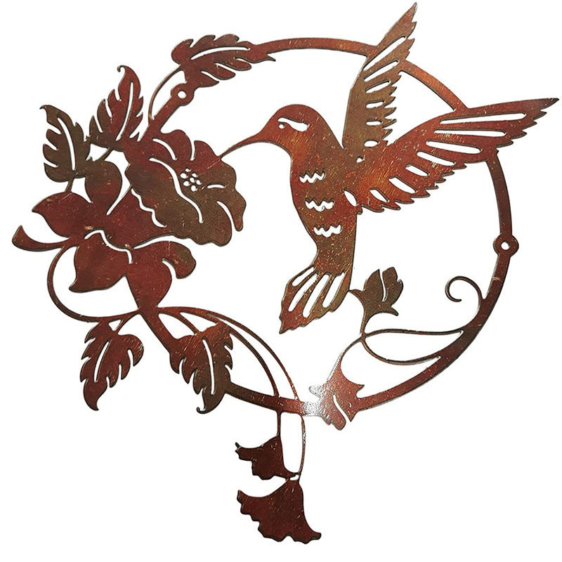 Brown Set of 2 Round Metal Wall Art - Hummingbird & Flower Sculpture for Indoor & Outdoor Decor