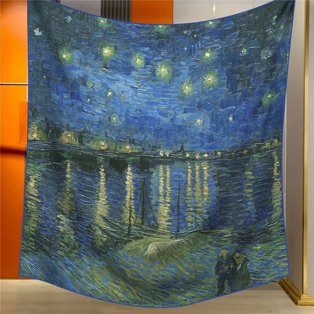 Starry Night Elegant Artistry Shawl - Large 130cm Square Scarf with Oil Painting Print & Hand-Rolled Hem