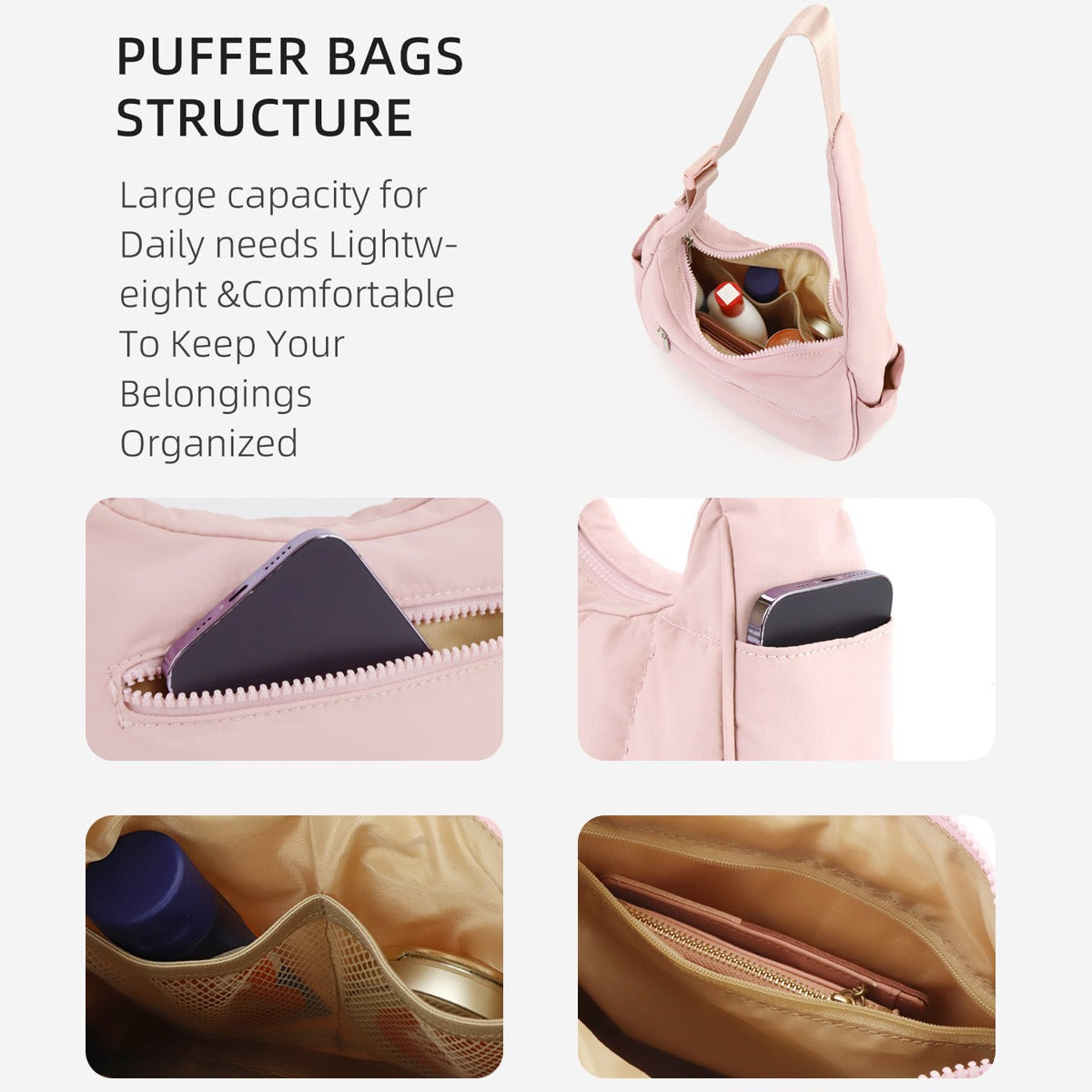 Purple Trendy Nylon Puffer Shoulder Bag for Women - Lightweight Large Capacity Underarm Tote