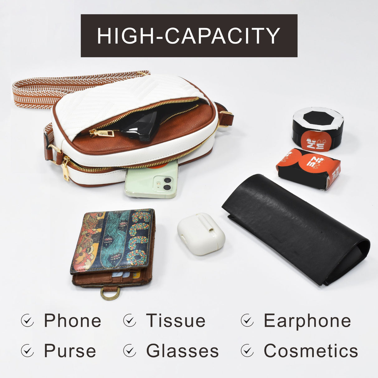 Tessellated Brown Chic Quilted Crossbody Bag - Vintage PU Leather Shoulder Purse with Adjustable Strap