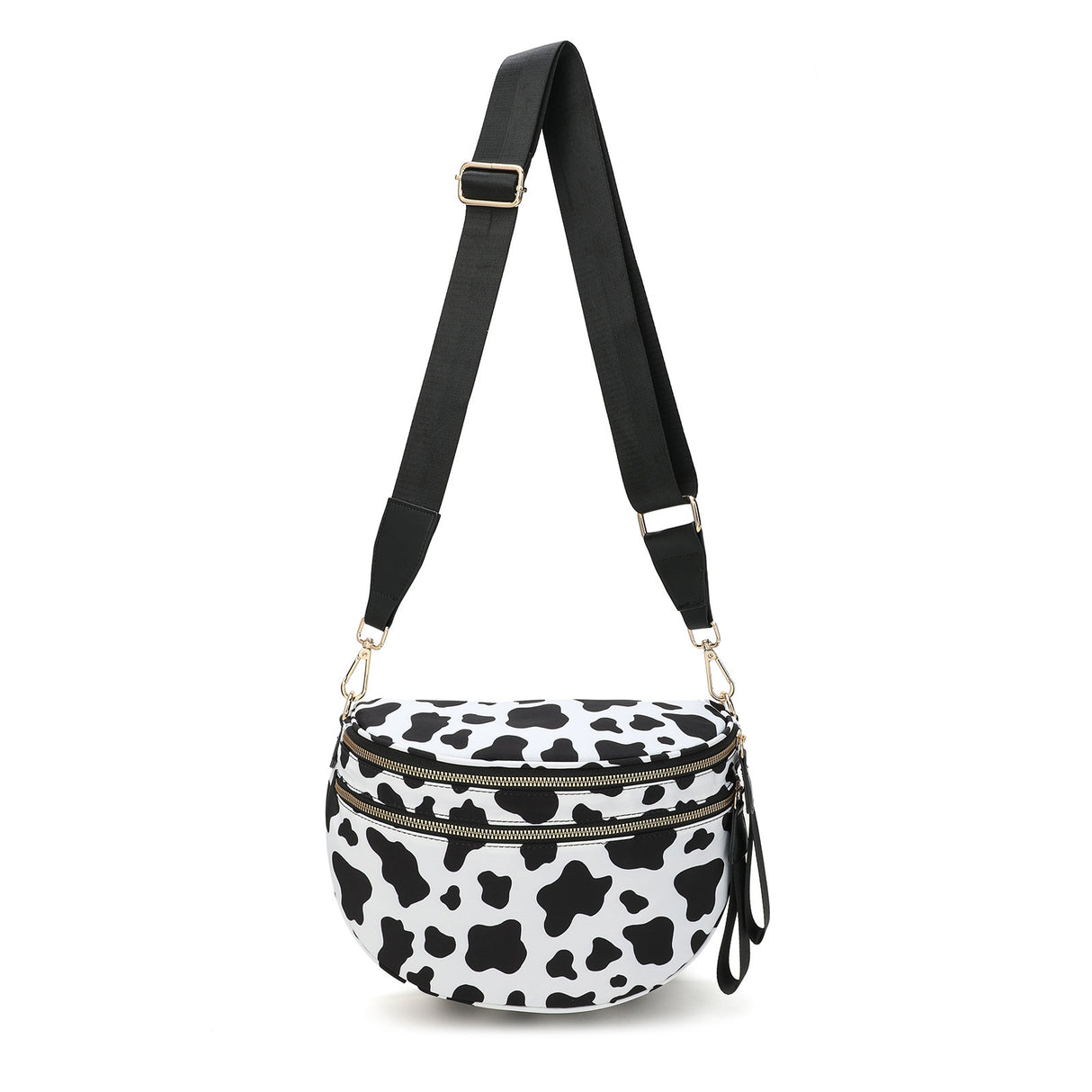 Black-white Cow Checkered Trendy Sling Bag - Women's Crescent Crossbody Purse with Wide Adjustable Strap