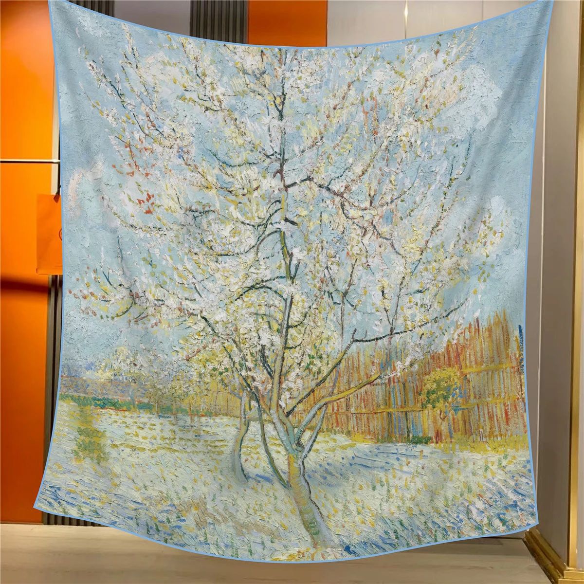 Peach Tree in Bloom Elegant Artistry Shawl - Large 130cm Square Scarf with Oil Painting Print & Hand-Rolled Hem