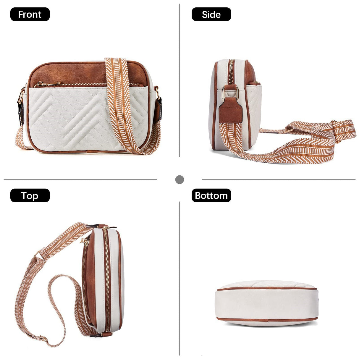 Double Zipper Black White Brown Chic Quilted Crossbody Bag - Vintage PU Leather Shoulder Purse with Adjustable Strap