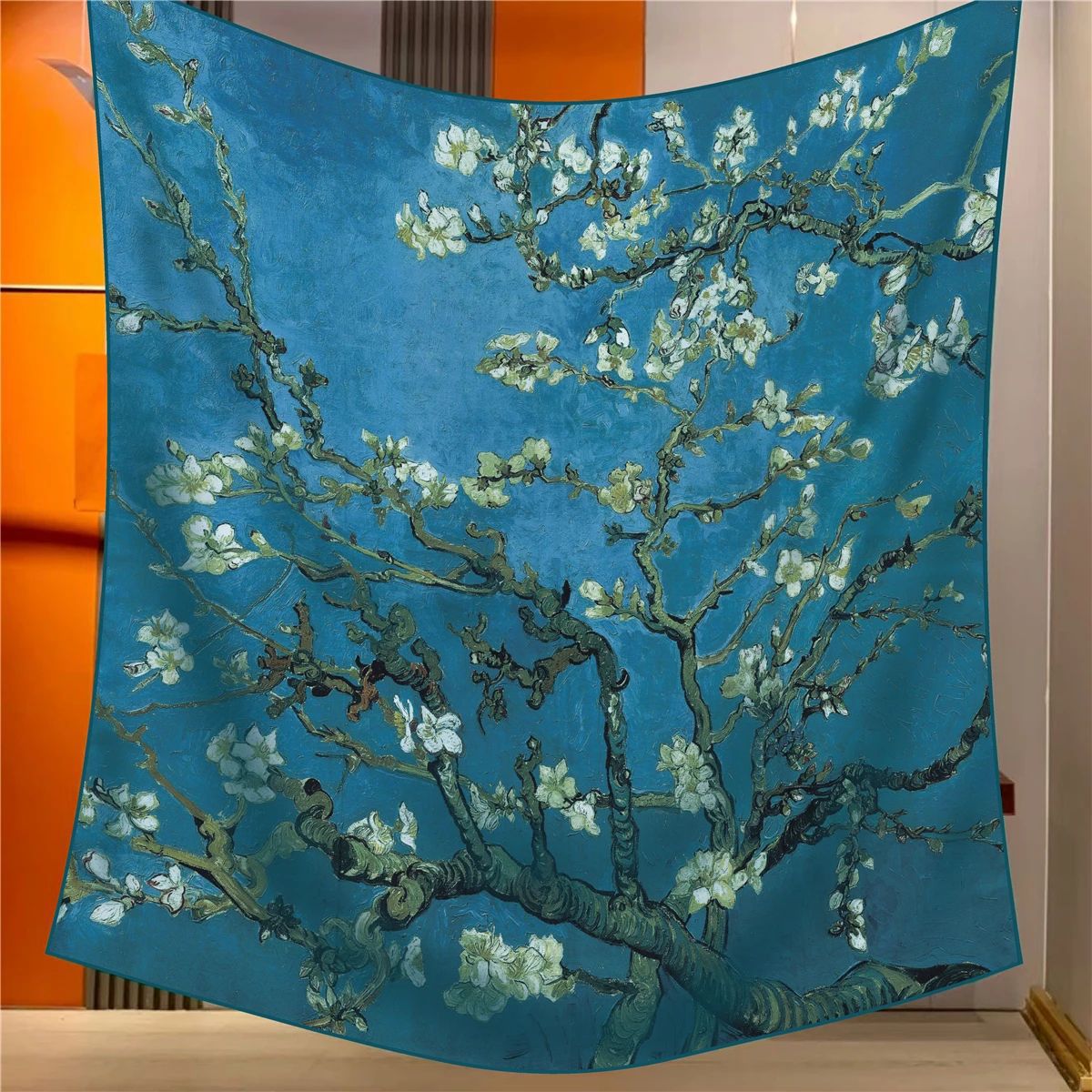 Almonds Elegant Artistry Shawl - Large 130cm Square Scarf with Oil Painting Print & Hand-Rolled Hem