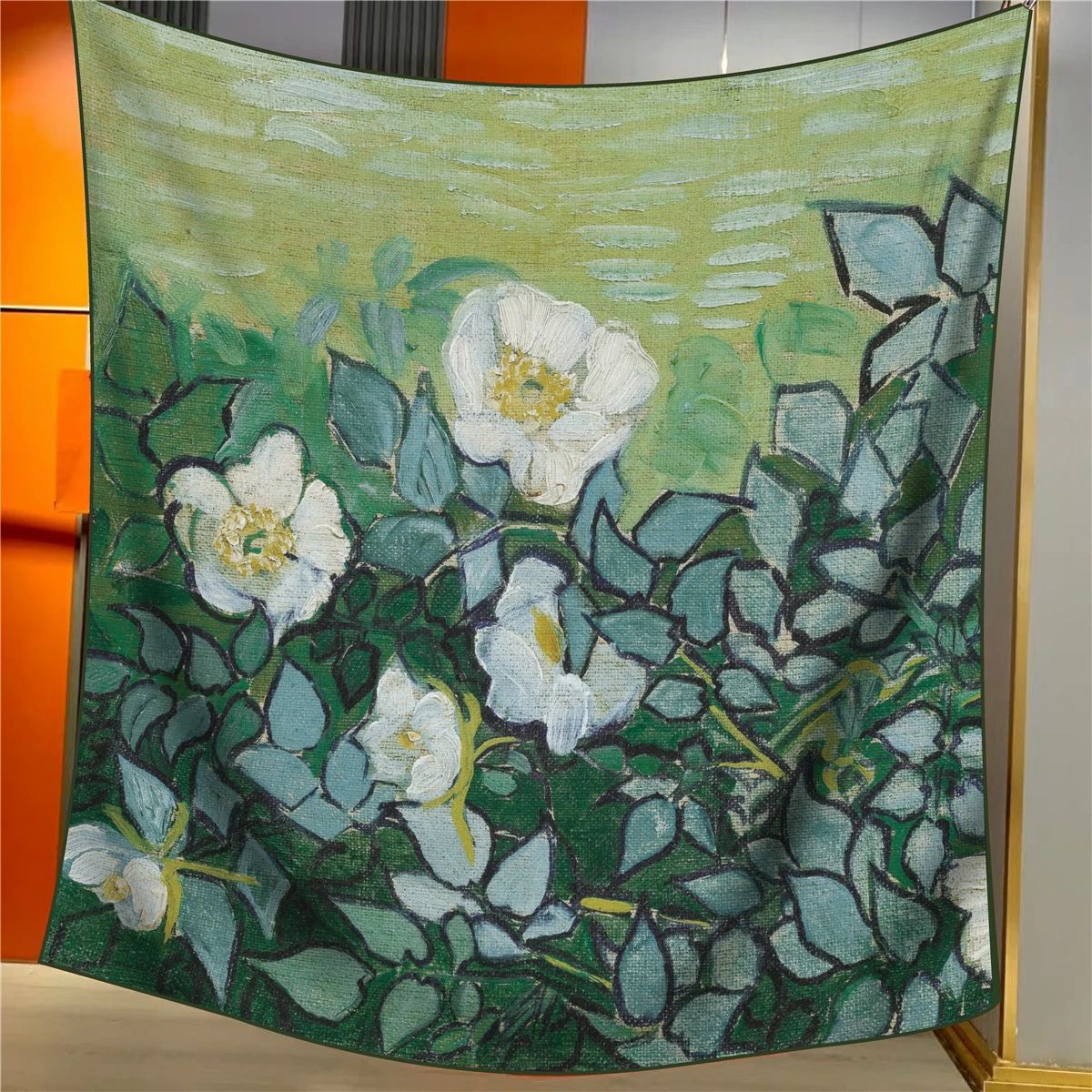 Wild Roses Elegant Artistry Shawl - Large 130cm Square Scarf with Oil Painting Print & Hand-Rolled Hem