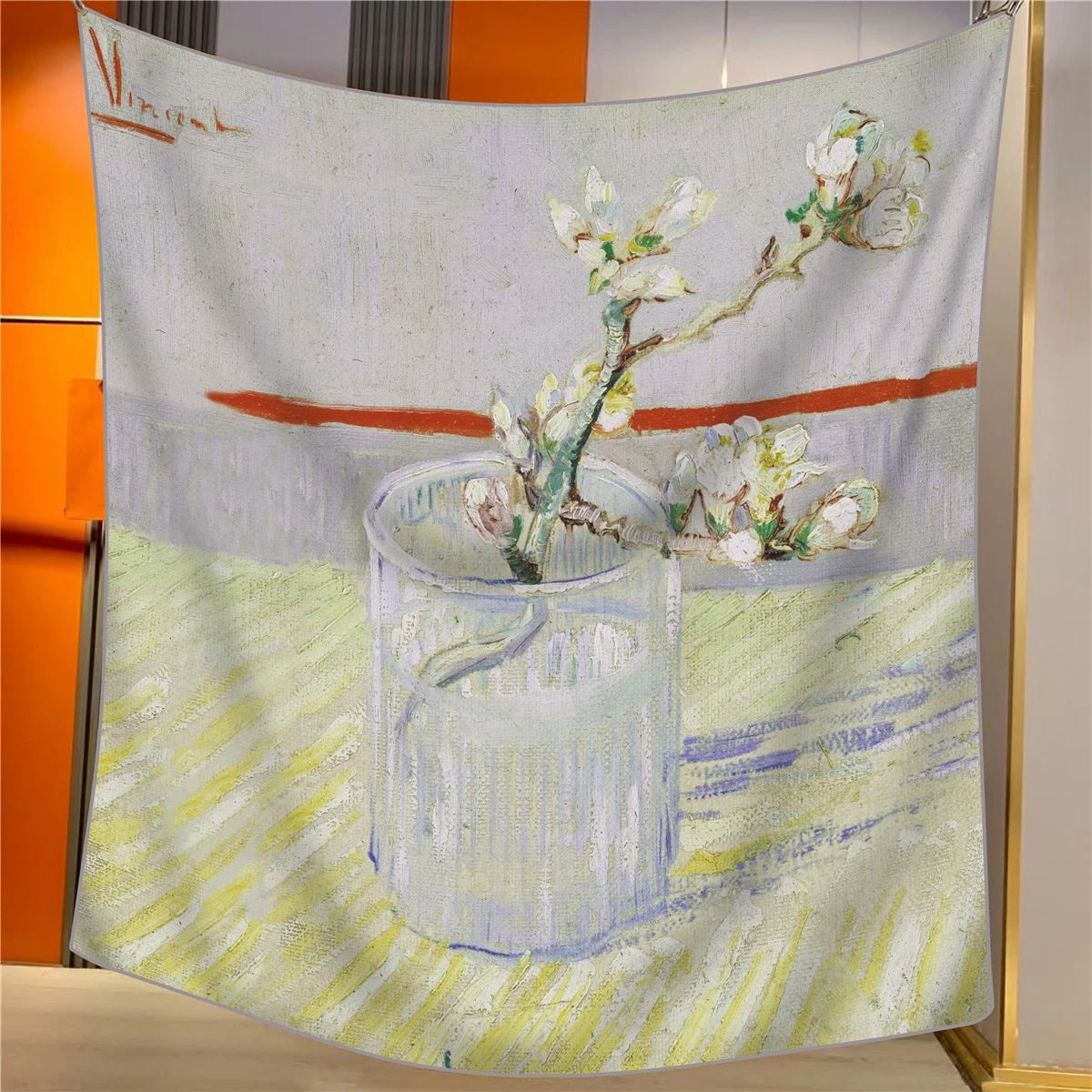 A Cup of Sprigs Elegant Artistry Shawl - Large 130cm Square Scarf with Oil Painting Print & Hand-Rolled Hem