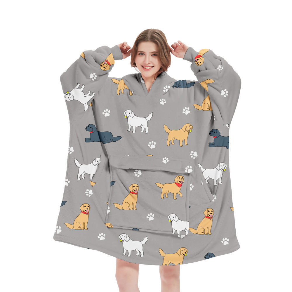 Grey Dog Pattern Oversized Wearable Blanket Hoodie - Ultra Soft & Cozy Snuggle Pullover for Adults