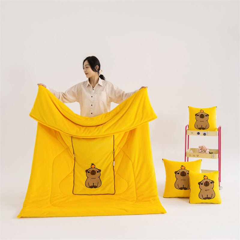 Yellow Kapybara - 2-in-1 Foldable Car Pillow Blanket - Cozy 40x40cm Pillow, Unfolds to 100x150cm Blanket for Travel and Office Naps