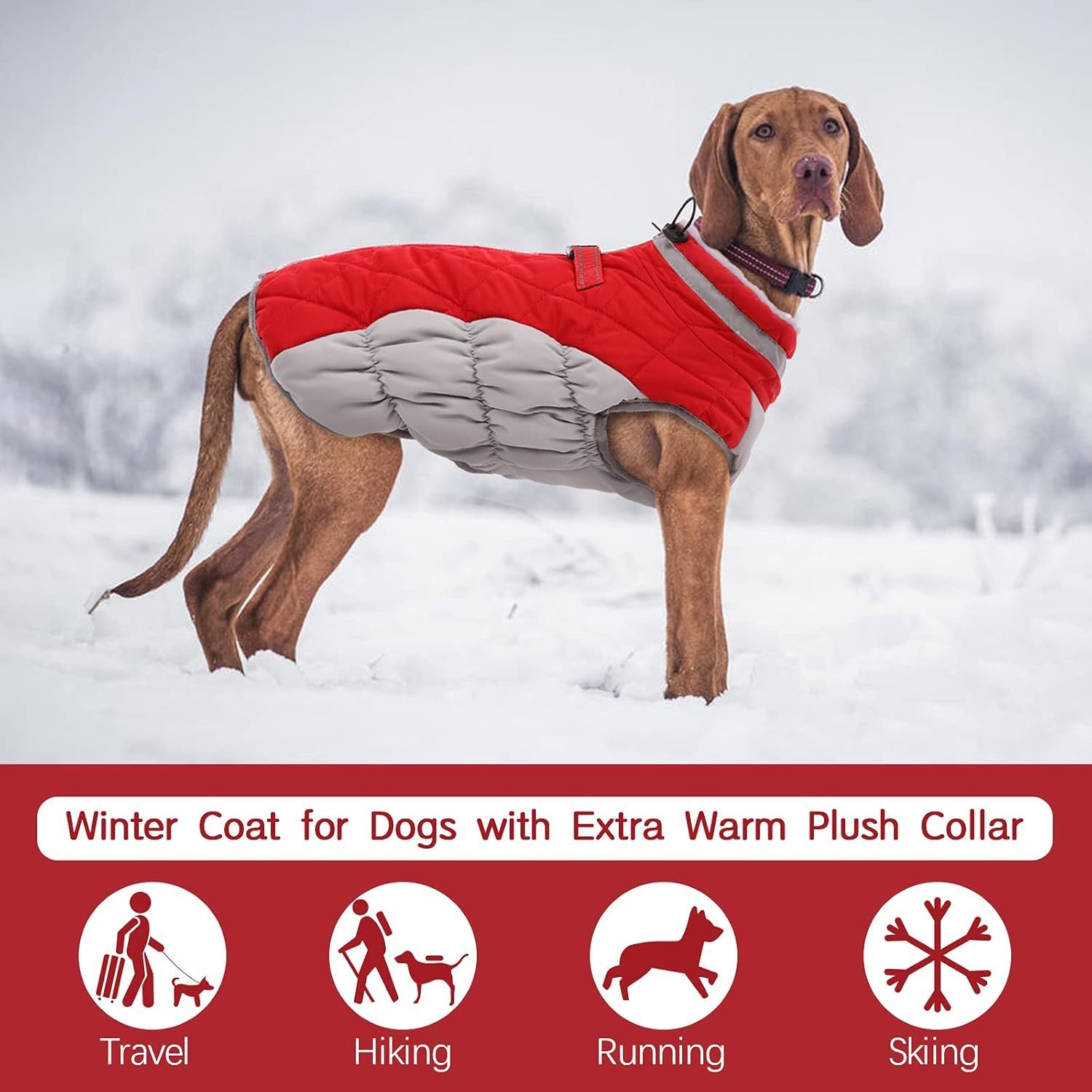 XXXL Red Grey Premium Winter Puffer Dog Coat - Windproof & Fleece-Lined Jacket for Cold Weather