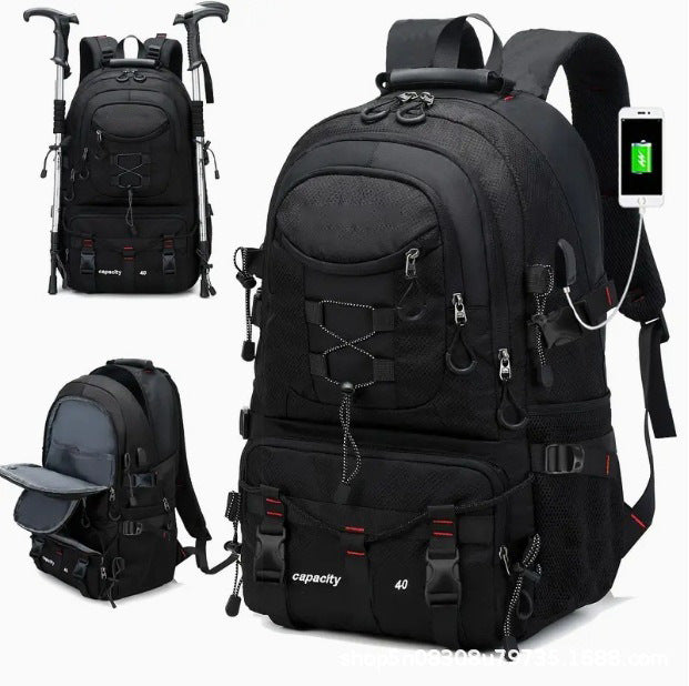 Black 40L Large Capacity Travel Backpack - Water-Resistant Hiking Rucksack with USB Charging Port