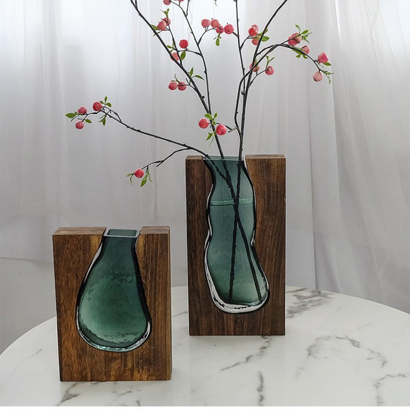 Modern Sculptural Wood and Glass Vase for Home Decor