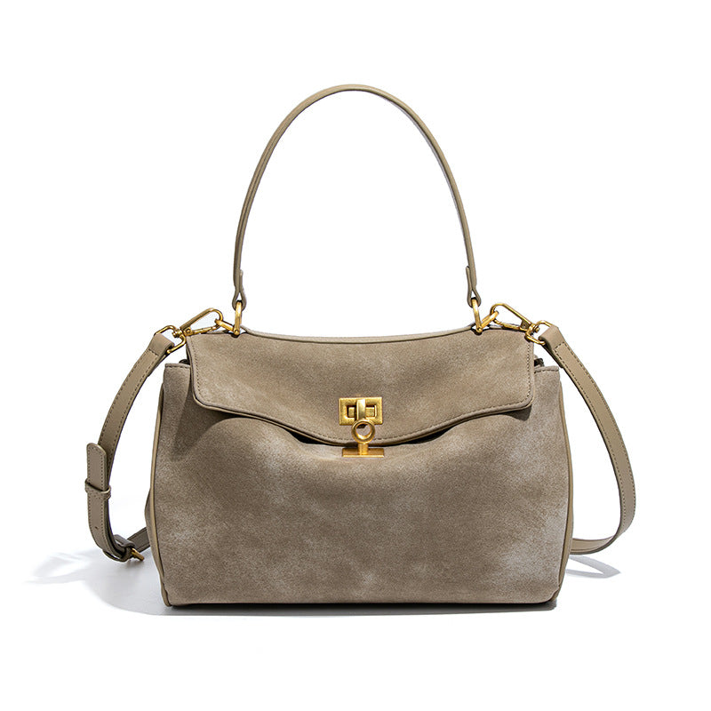 Beige Women's Vintage Suede Satchel Bag - Elegant Top Handle Purse with Gold Lock