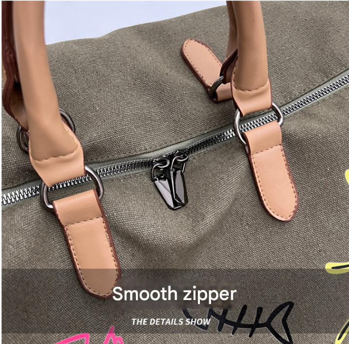 Black Large Capacity Graffiti Travel Duffel Bag - Canvas Weekender with Wet/Dry Pocket & Shoe Compartment