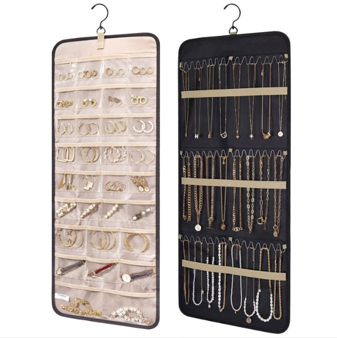 Black Hanging Jewelry Organizer - Closet Storage for Necklaces, Earrings, and Rings with Clear Pockets(14*33inch)
