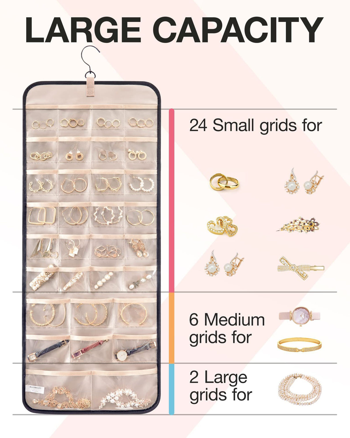 Pink Hanging Jewelry Organizer - Closet Storage for Necklaces, Earrings, and Rings with Clear Pockets(14*33inch)