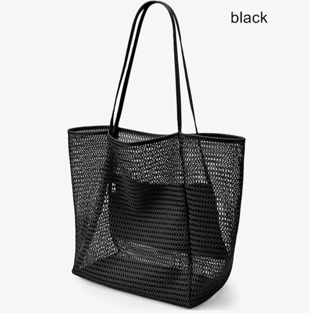 Black Large Mesh Beach Tote Bag - Lightweight & Foldable Shoulder Bag with Secure Zipper Pocket