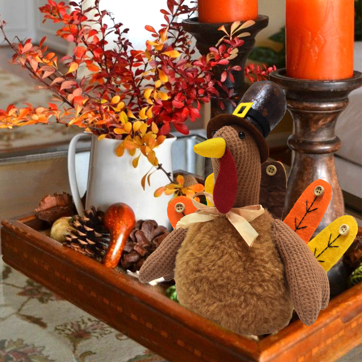Brown Charming Thanksgiving Turkey Plush - Rustic Autumn Harvest Tabletop Decor Figurine