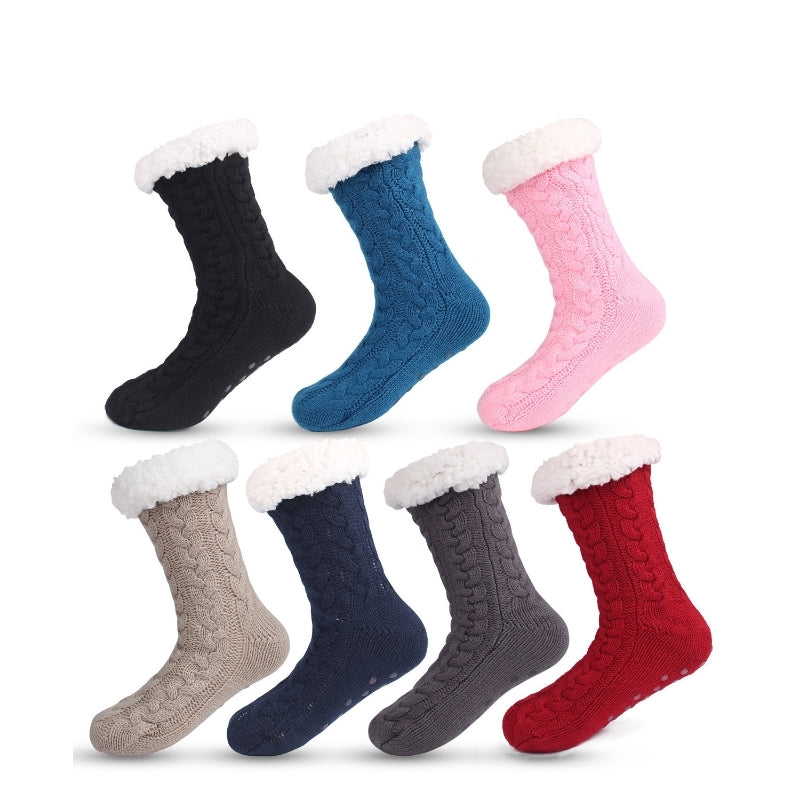 Grey Women's Fuzzy Slipper Socks - Warm Fleece Lined Thermal Cable Knit Socks with Non-Slip Grips