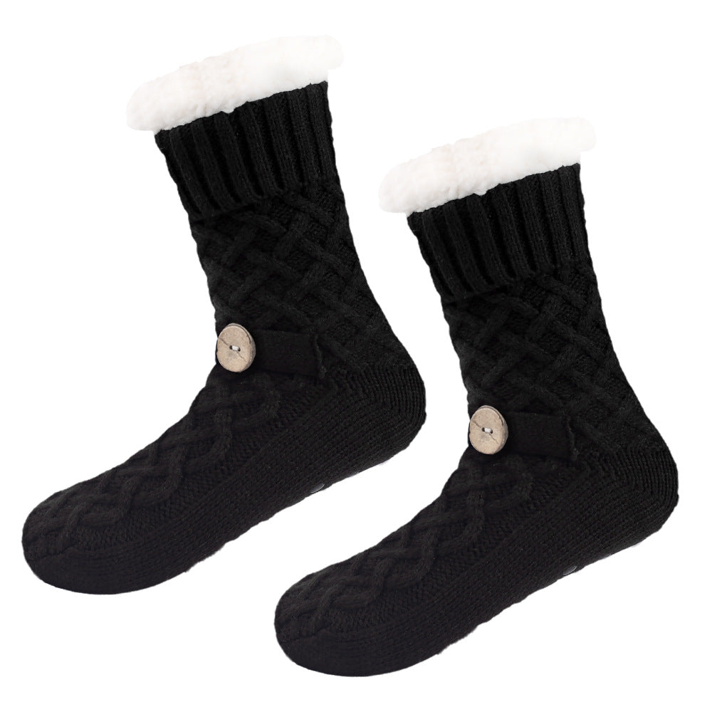 Black Women's Cozy Cable Knit Slipper Socks - Plush Fleece Lined Thermal Socks with Non-Slip Grips