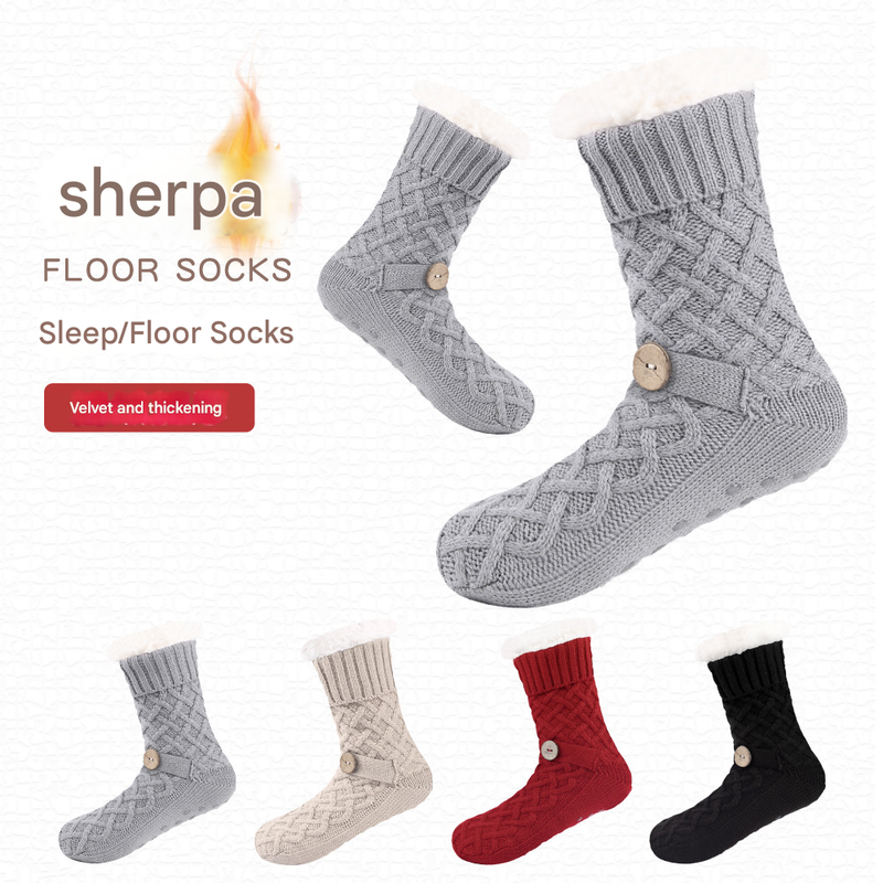 Red Women's Cozy Cable Knit Slipper Socks - Plush Fleece Lined Thermal Socks with Non-Slip Grips