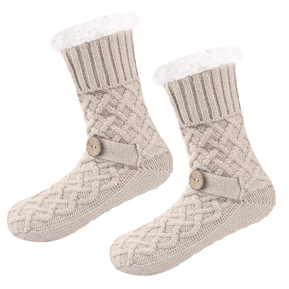 Khaki Women's Cozy Cable Knit Slipper Socks - Plush Fleece Lined Thermal Socks with Non-Slip Grips