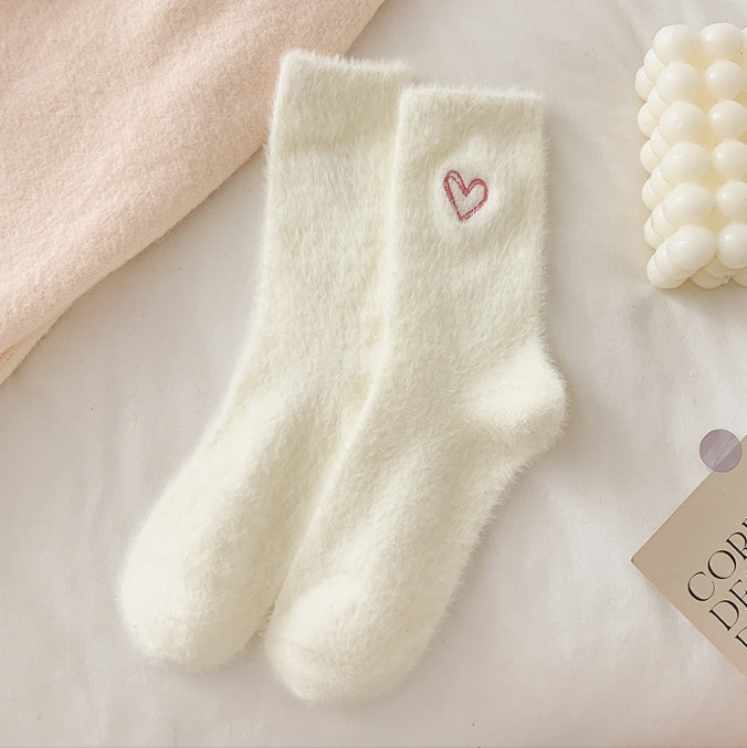 2-Piece Milky Women's Ultra-Soft Fuzzy Socks - Plush Chenille Thermal Crew Socks with Heart Embroidery