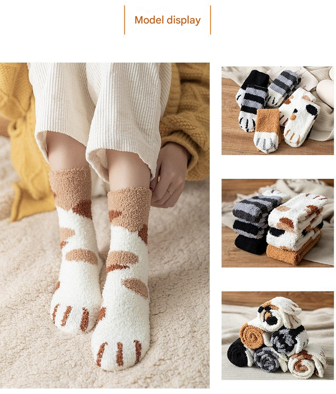 3-piece Black Cute Cat Paw Fuzzy Socks for Women - Plush Thermal Slipper Socks for Home & Lounging
