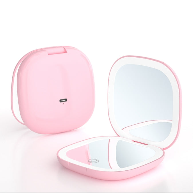 2-piece Pink Portable LED Makeup Mirror - Rechargeable Compact with 3-Color Lights & 5x Magnification
