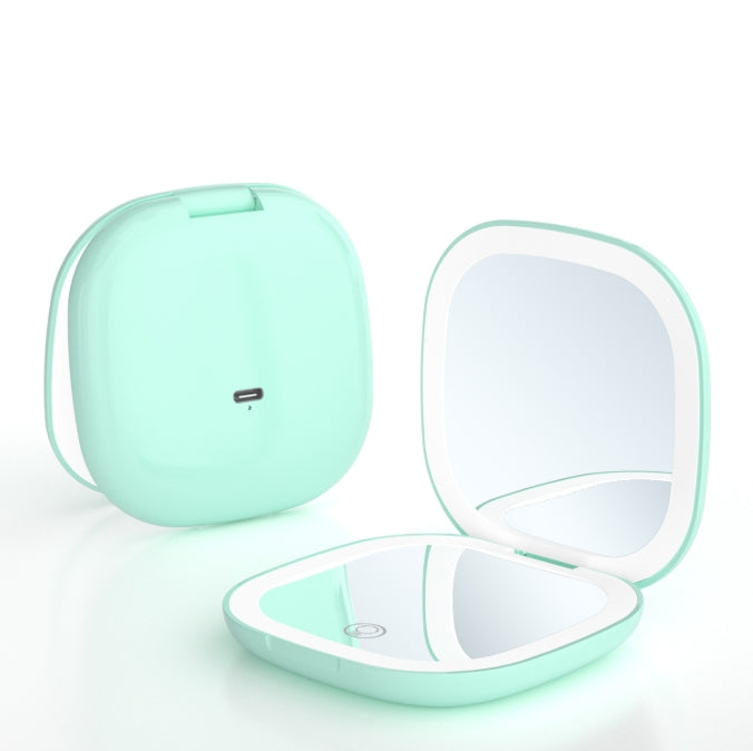 2-piece Green Portable LED Makeup Mirror - Rechargeable Compact with 3-Color Lights & 5x Magnification
