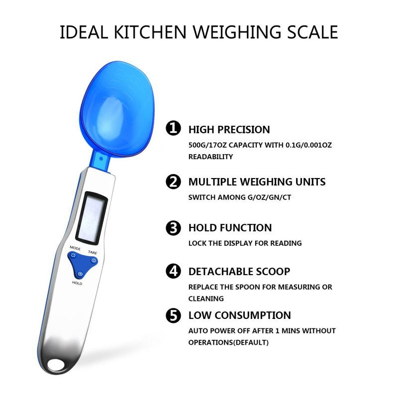 Blue High Precision Digital Spoon Scale - Electronic Measuring Scoop with 3 Heads for Kitchen & Baking(300g)