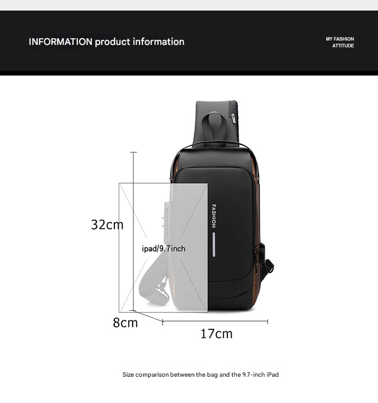 Black Modern Anti-Theft Sling Bag for Men - Crossbody Backpack with USB Port & Combination Lock