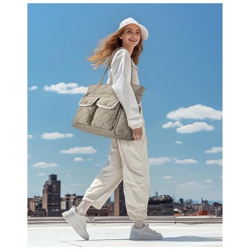 Beige Women's Multi-Pocket Tote Bag - Large Quilted Travel Handbag for Work, Gym, and More