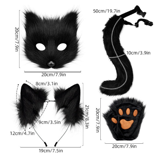 White Halloween Furry Fox Costume Set - Plush Mask, Ears Headband, Tail, and Paws for Cosplay