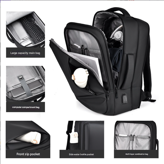 Grey Expandable Business Laptop Backpack with USB Charging Port - Large Capacity Work & Travel Bag for 15.6 Inch Laptops