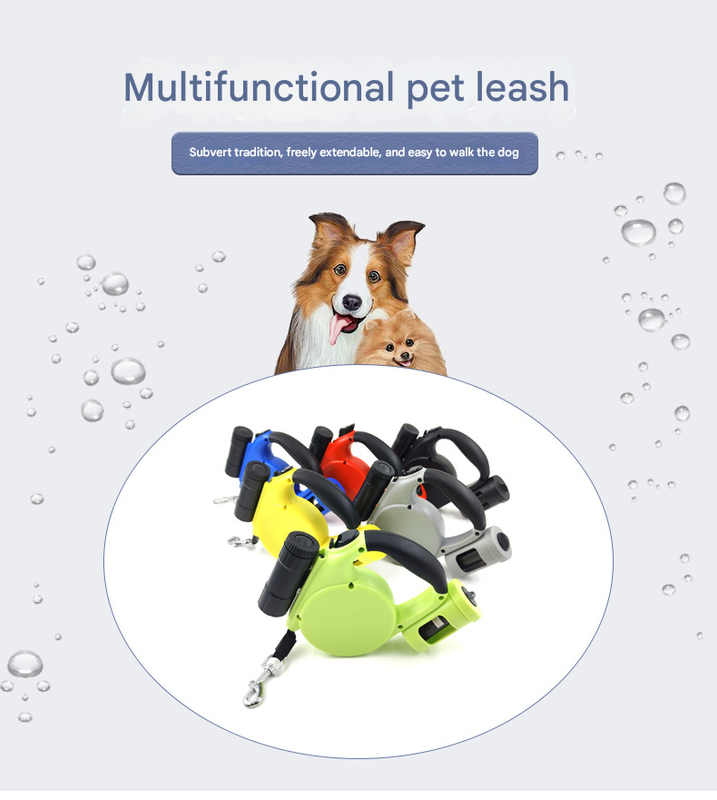 Grey 3-in-1 Retractable Dog Leash with LED Flashlight & Poop Bag Dispenser | Heavy Duty Tangle-Free Leash for Safe Night Walks