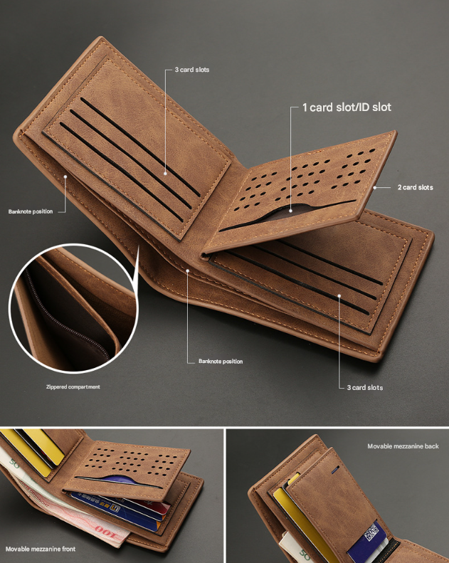 2-Piece Brown Men's Vintage Style Bifold Wallet | High-Capacity PU Leather with Removable Card Holder & Zip Coin Pocket