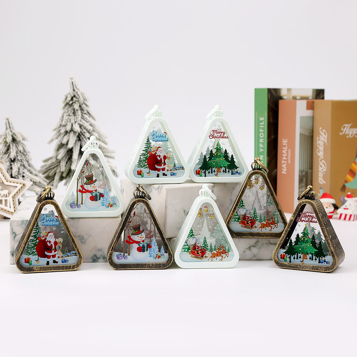 White Santa Claus Charming Christmas Scene Mini Lanterns (Set of 3) - Battery Operated LED Lights for a Cozy Holiday Glow
