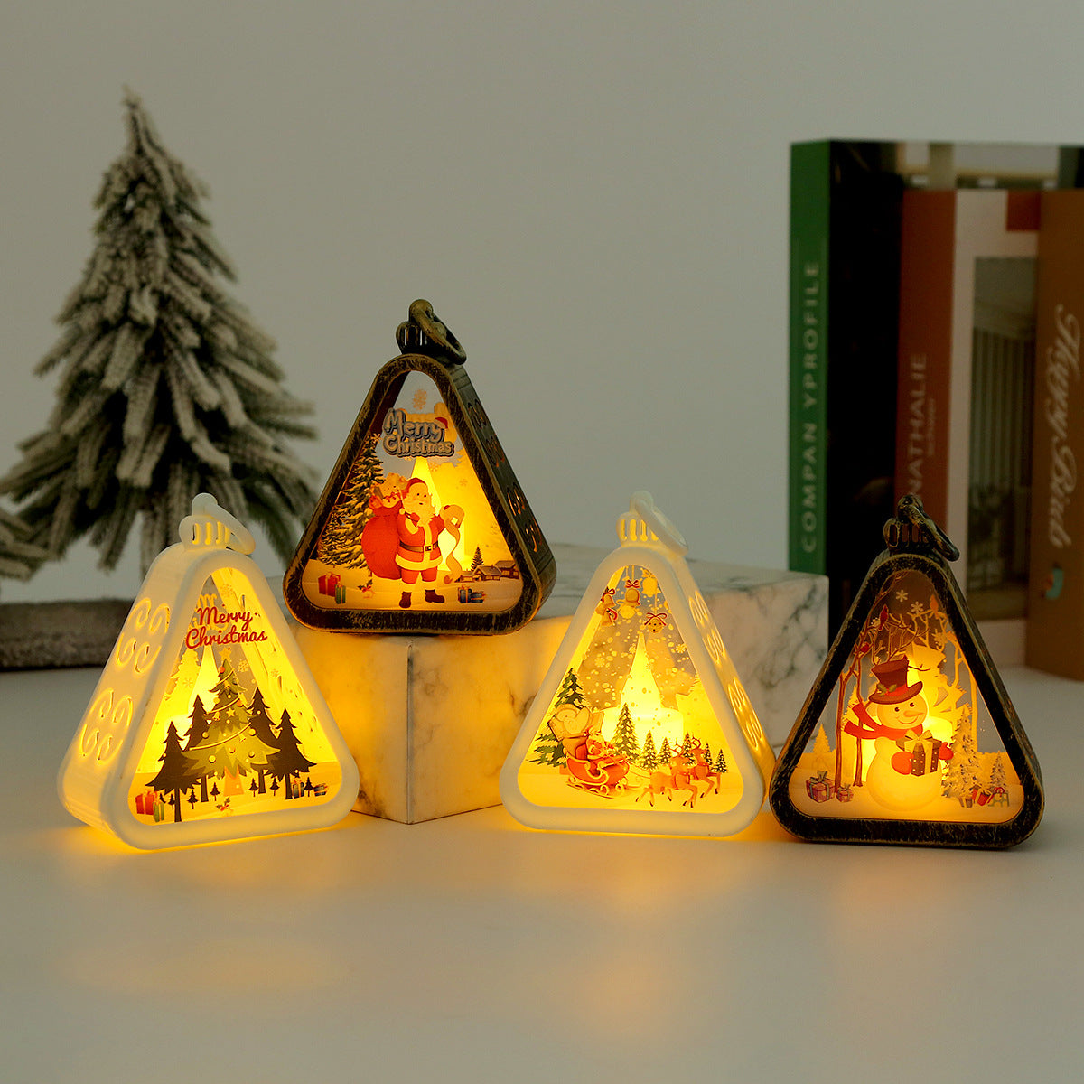 White Christmas tree Charming Christmas Scene Mini Lanterns (Set of 3) - Battery Operated LED Lights for a Cozy Holiday Glow