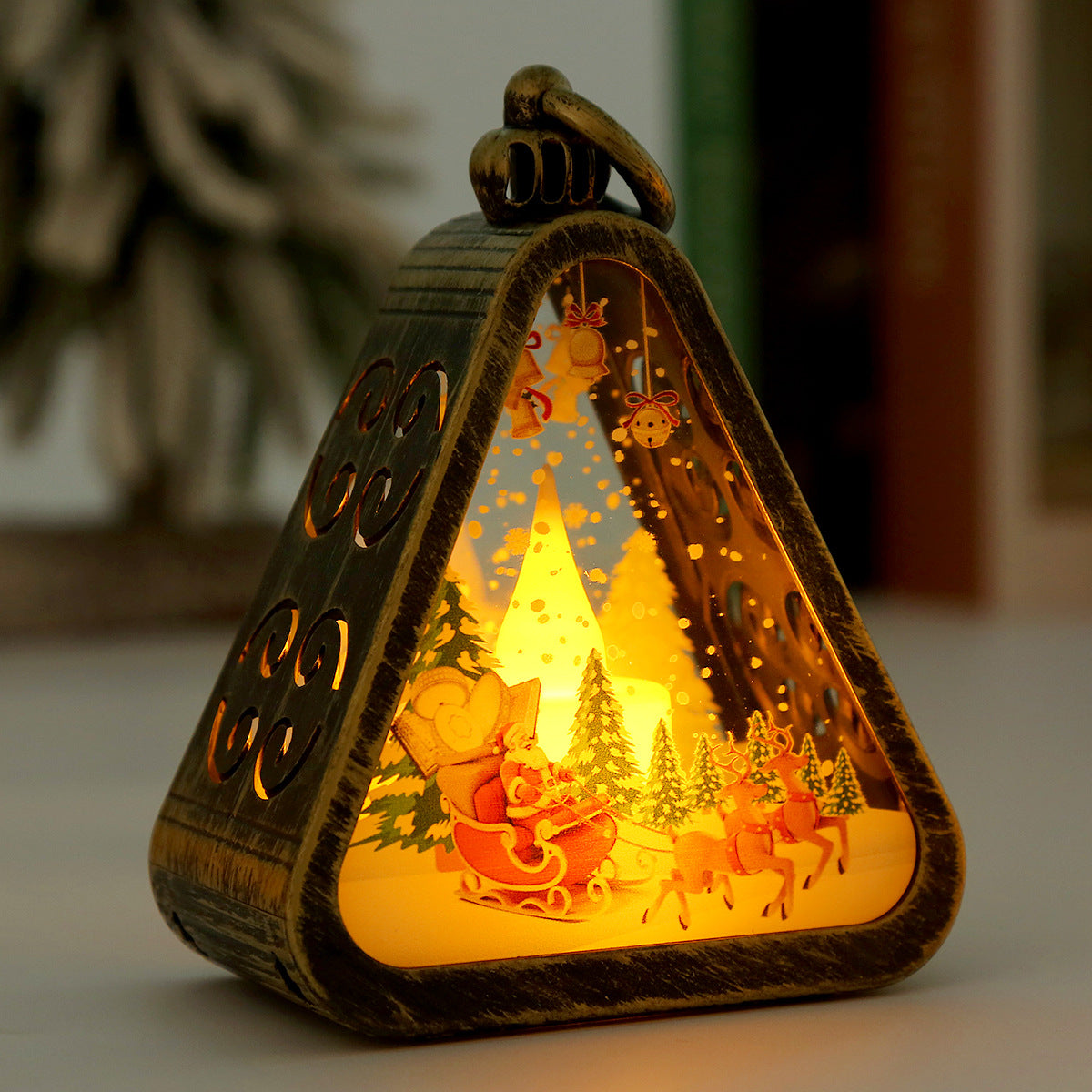 Bronze color Elk Charming Christmas Scene Mini Lanterns (Set of 3) - Battery Operated LED Lights for a Cozy Holiday Glow